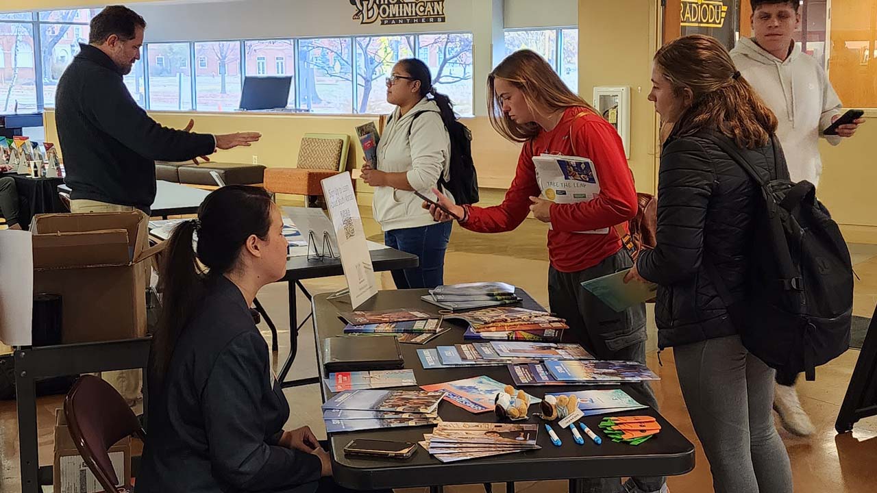 Students visit the Study Abroad fair in the Griffin Student Center.